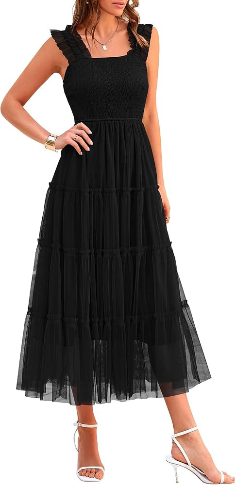 PRETTYGARDEN Women's Summer Tulle Midi Dress Sleeveless Smocked Ruffle Mesh Flowy Dresses Party W... | Amazon (US)