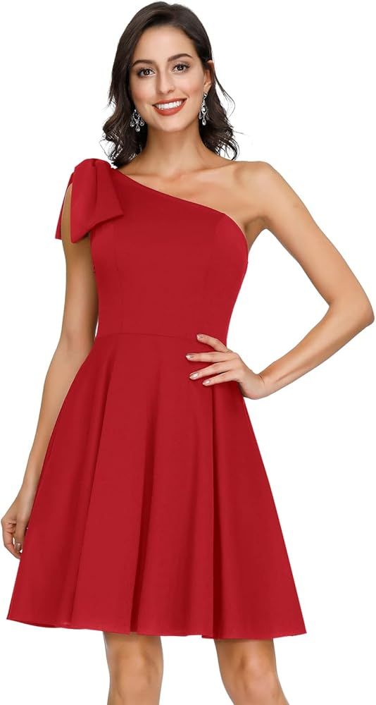 JASAMBAC Women's Bow One Shoulder Dress with Pockets A-line Cocktail Party Dress | Amazon (US)