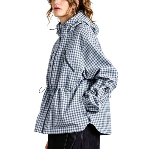 Womens Plaid Hooded Jacket Windproof Drawstring Waist Windbreaker | Amazon (US)