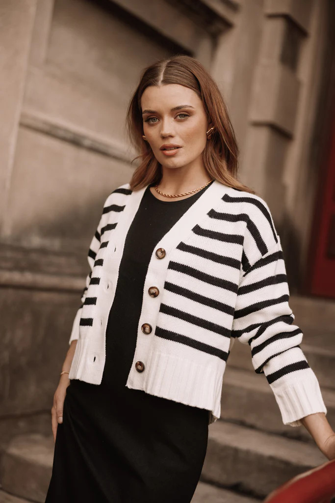 Kallen Button Front Striped Cardigan - Cream/Black | Petal & Pup (US)
