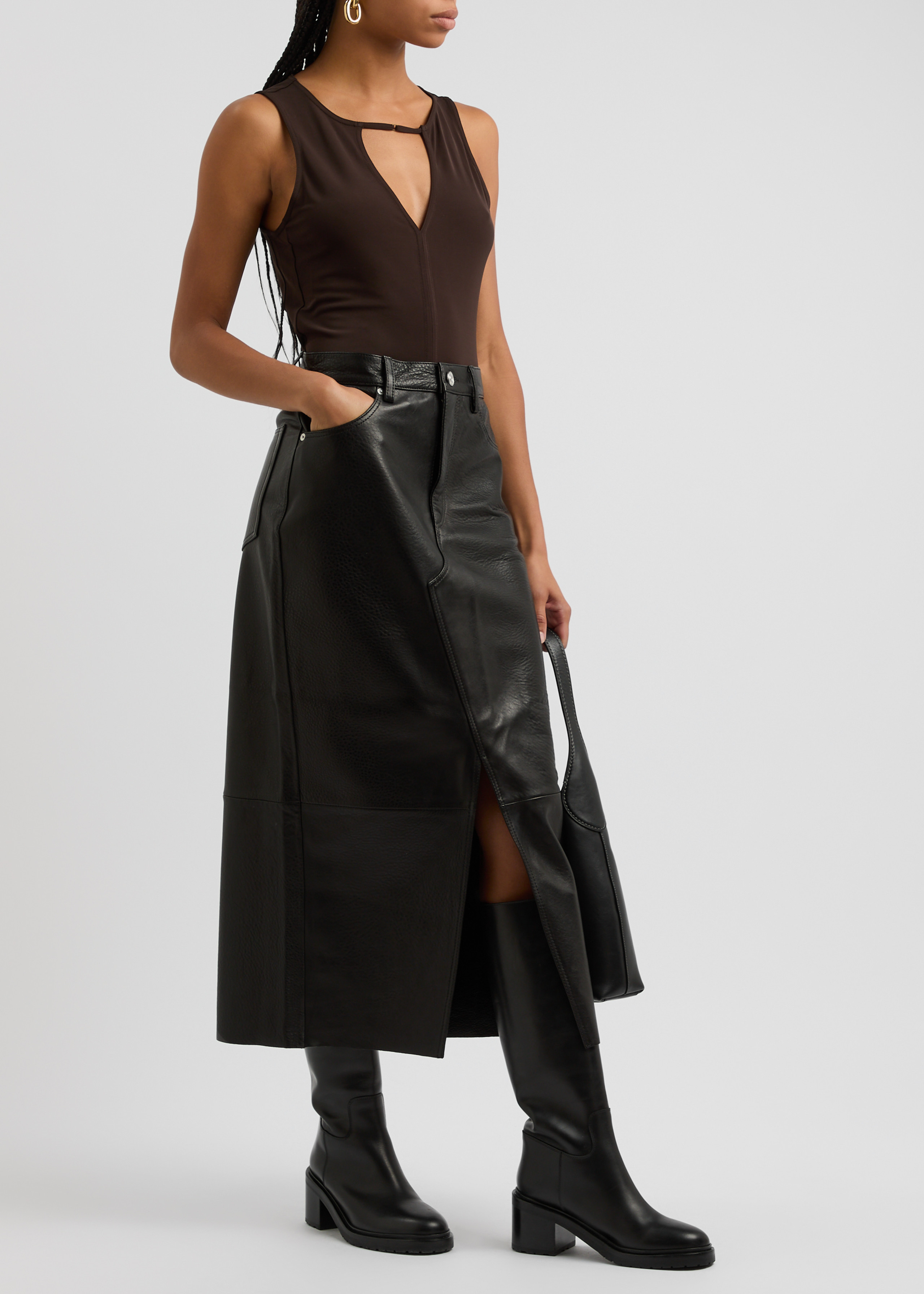 Grained leather midi skirt | Harvey Nichols