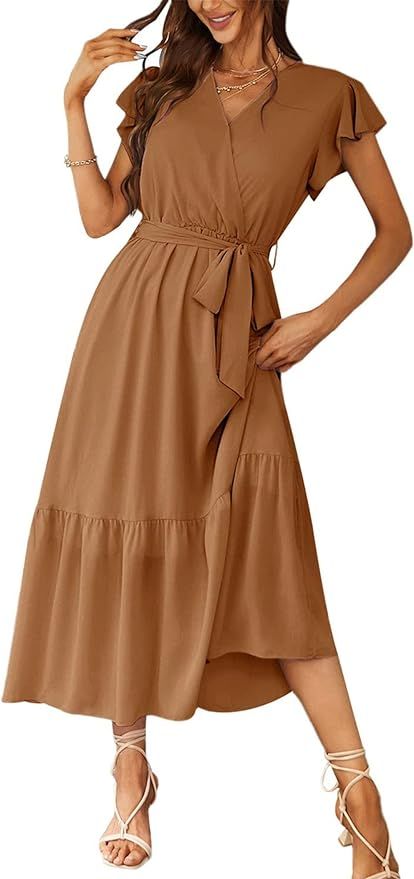 PRETTYGARDEN Women's 2024 Floral Boho Dress Wrap V Neck Short Sleeve Belted Ruffle Hem A-Line Flo... | Amazon (US)