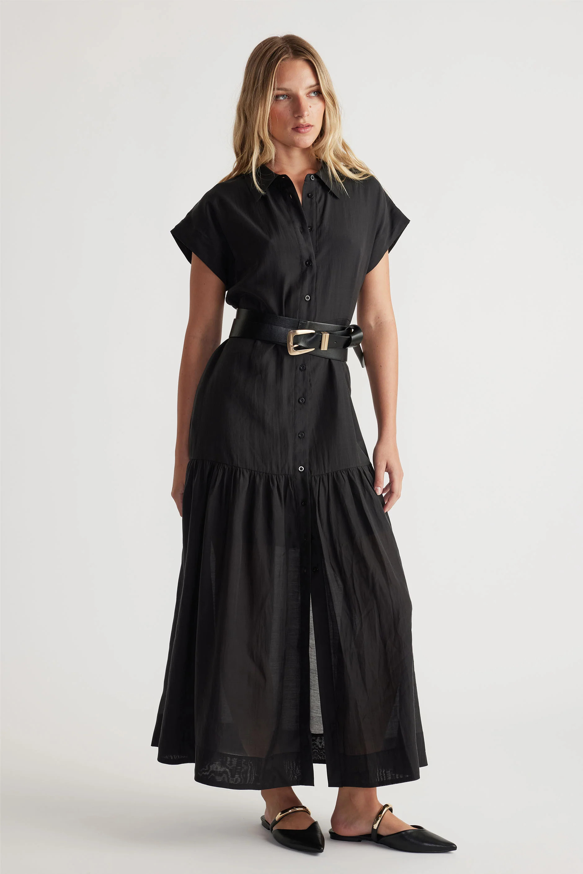 Tamara Tiered Maxi Shirt Dress - Black | DECJUBA