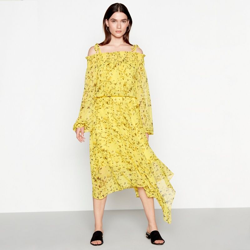 Studio by Preen - Yellow Floral Print Chiffon Cold Shoulder High Low Dress | Debenhams UK