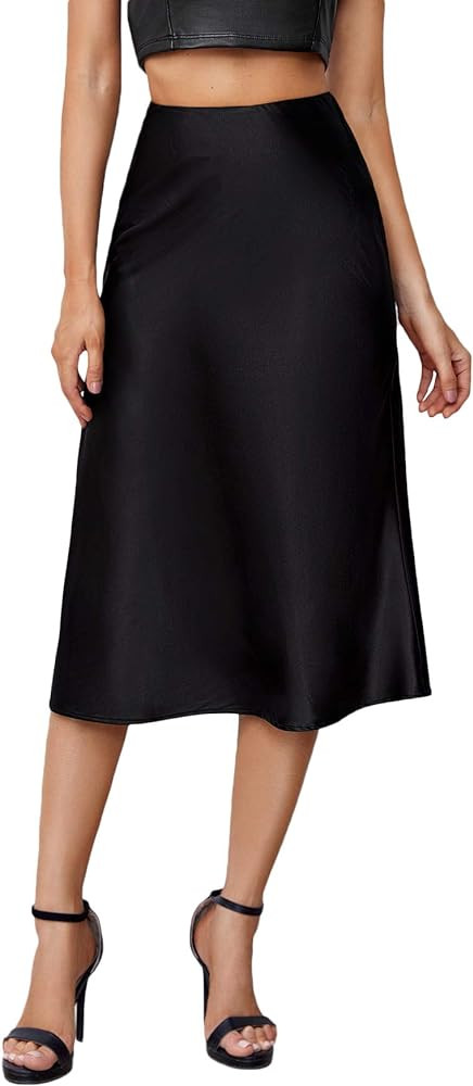 Verdusa Women's Elegant High Waist Satin A Line Flared Midi Skirt | Amazon (US)