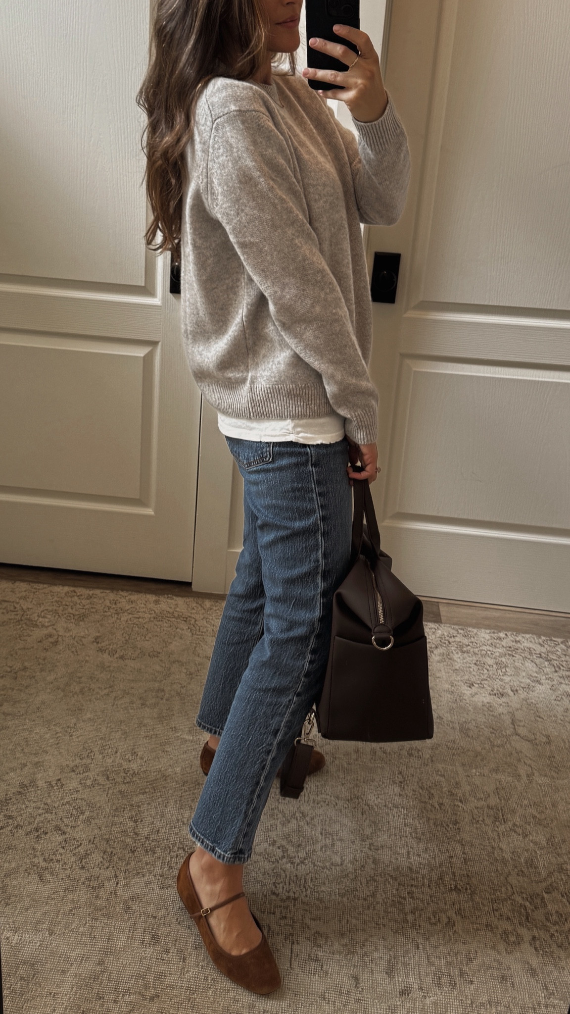 Tuckernuck gray cashmere sweater, Levi’s 501 jeans, Veronica beard brown suede Mary Jane’s 