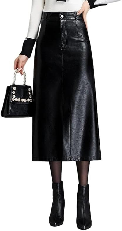 Long Leather Skirts for Women Casual High Waisted Fall Winter Bodycon Midi Skirt with Slit | Amazon (US)