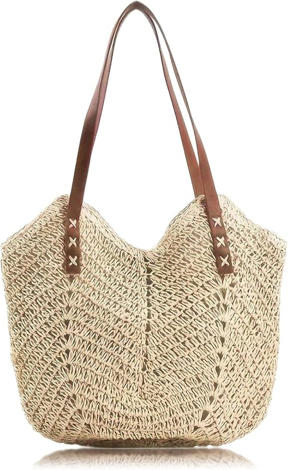 Beach Bags for Women with Zipper, Large Straw Bag Woven Tote Bag Straw Shoulder Bag for Summer Vo... | Amazon (US)