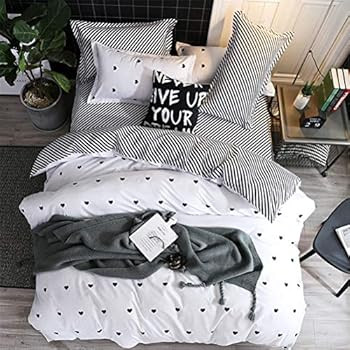 3pcs Cartoon Black Grey Striped Bedding Boys Girls Reversible Hidden Zipper Hearts Duvet Cover Qu... | Amazon (US)