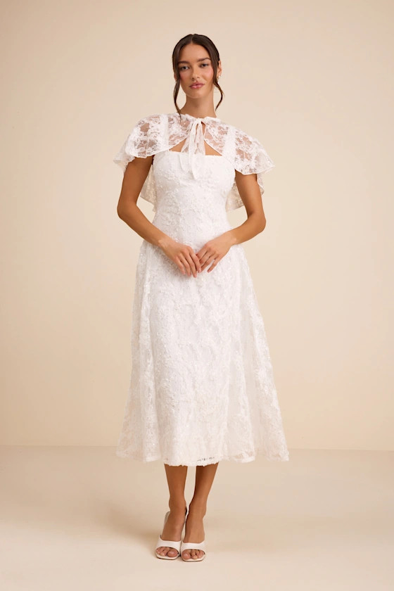 Nikola White Lace Sequin Cape Midi Dress | bride to be outfits | bridal dress  | Lulus