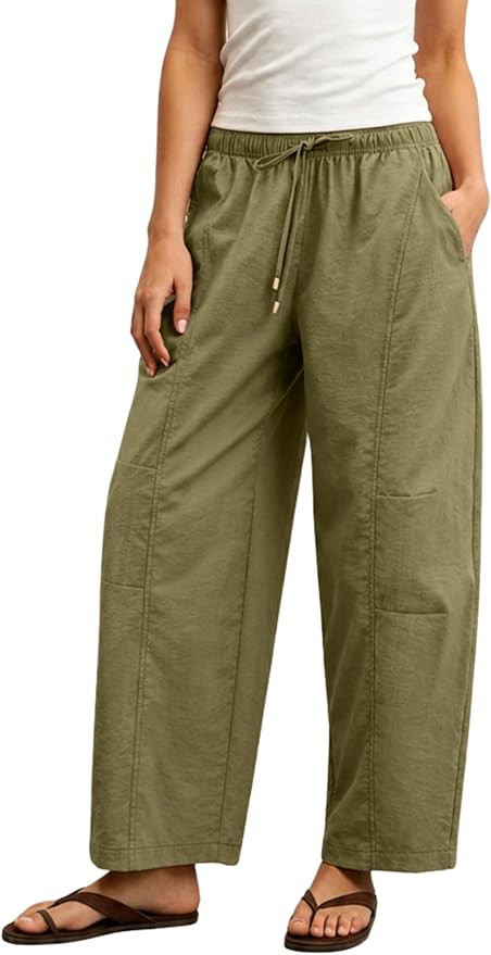 Lviefent Womens Barrel Pants Casual Drawstring Elastic Waist Crop Wide Leg Parachute Pants with P... | Amazon (US)
