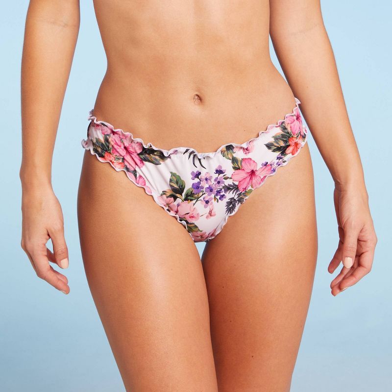 Women's Ruffle Cheeky Bikini Bottom - Shade & Shore™ White Tropical Print | Target
