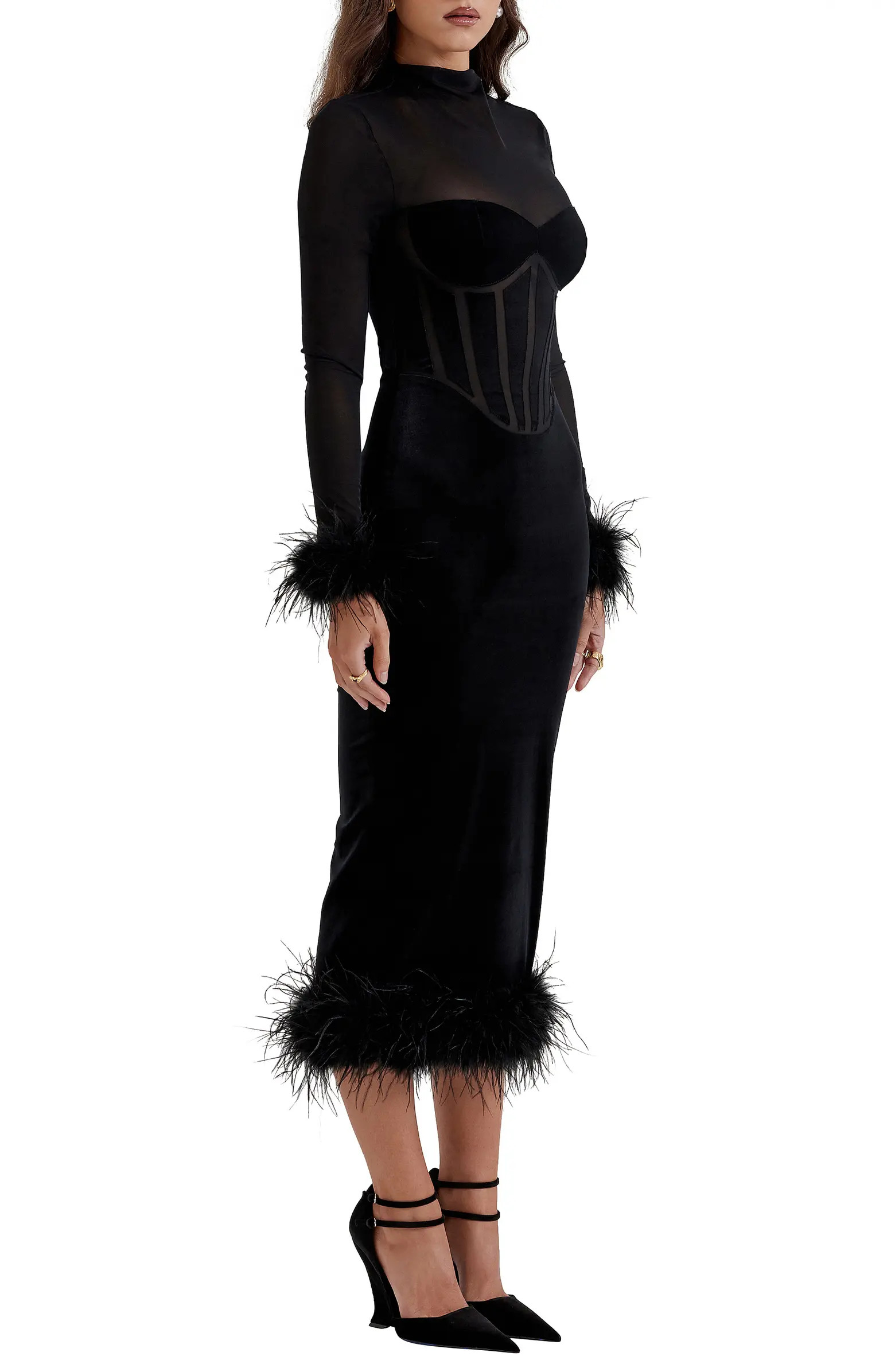 Lianna Feather Trim Long Sleeve Corset Midi Dress | Nordstrom