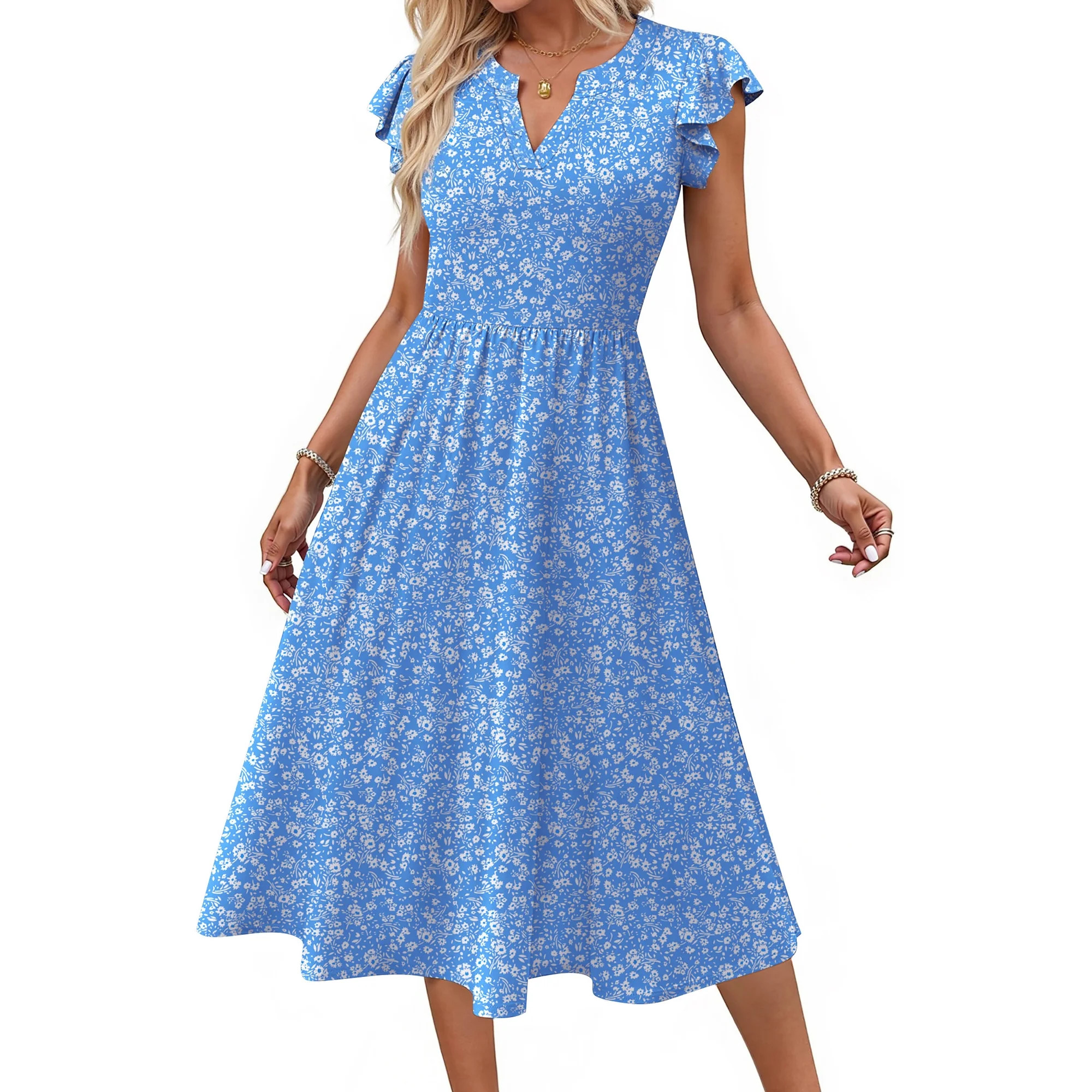 Fantaslook Summer Dresses for Women Ruffle Sleeve V Neck Midi Dresses Fashion Casual Flowy Vacati... | Walmart (US)