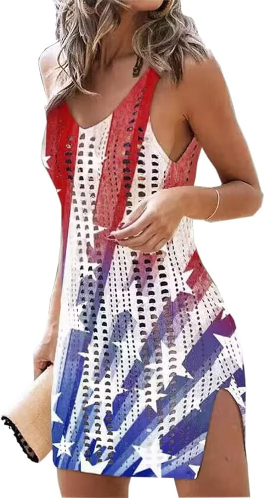 AIMITAG American Flag Dress Womens Hollow Out Slit Crochet Cover Up Sleeveless Tank Dress 4th of ... | Amazon (US)