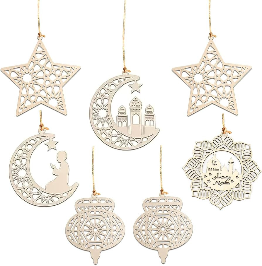 7PCS Ramadan Decorations for Home, Eid Decorations for Home Wooden Pendant Moon Star Wind Light S... | Amazon (UK)