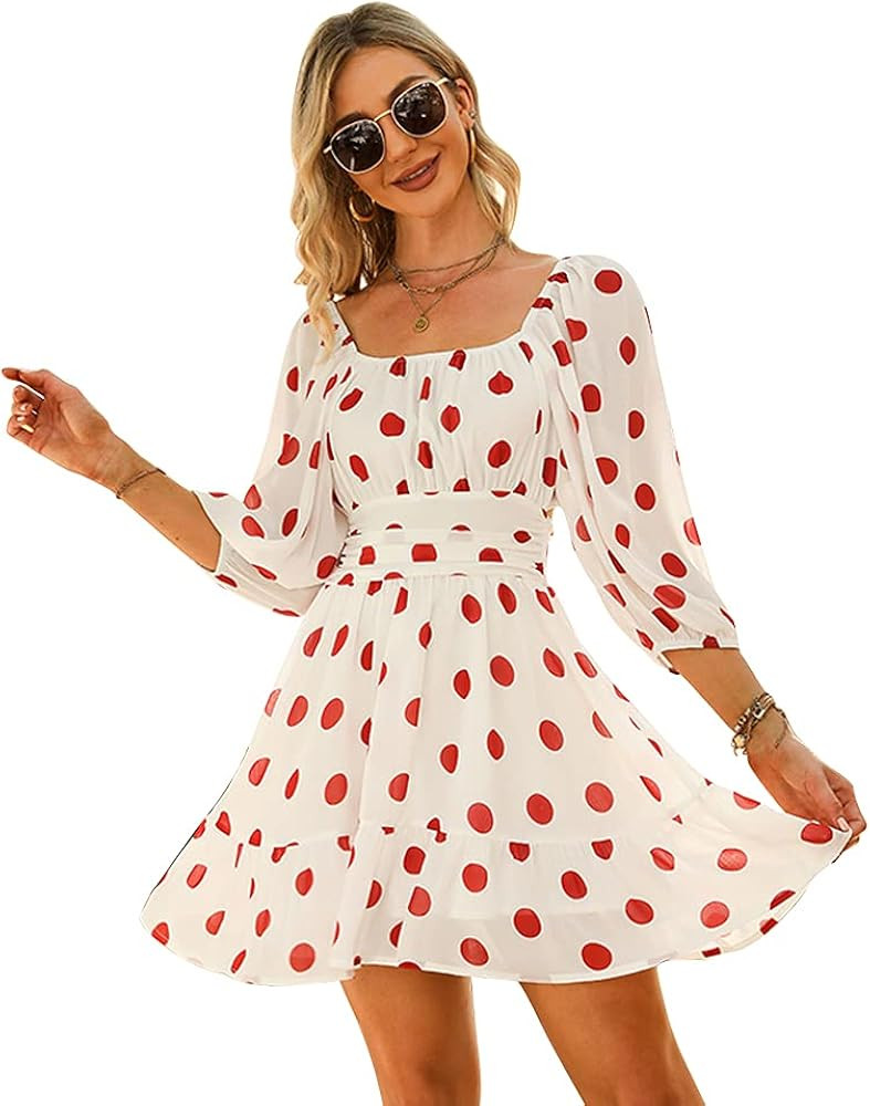 EXLURA Women's Lantern Sleeve Tie Back Dress Ruffled Off Shoulder A-Line Vintage Mini Dress | Amazon (US)