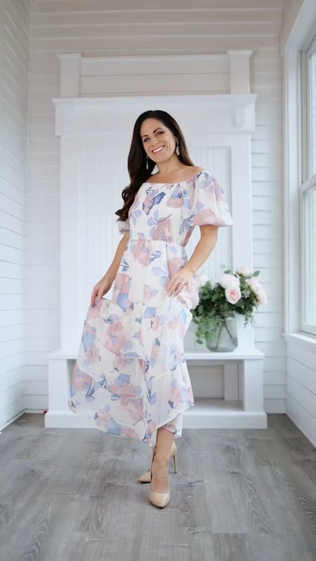 Under $50 spring wedding guest dress - other floral prints available for this Amazon find. You can wear it on shoulder or off. I'm in the size small. Because of the shirred bodice this one is easy to get that perfect fit. 

#LTKVideo #LTKwedding #LTKfindsunder50