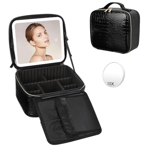 Relavel Travel Makeup Bag with LED Mirror, Cosmetic Bag Organizer Bag Makeup Case with Lighted Mirror 3 Color Lights, Portable Waterproof Makeup Box with 10X Magnifying Mirror, Crocodile Pattern | Amazon (US)