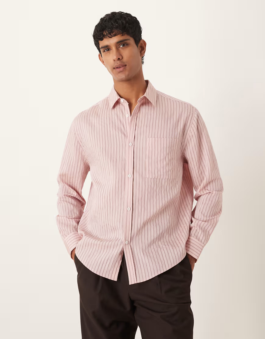 ASOS DESIGN relaxed stripe poplin shirt in pink | ASOS (Global)
