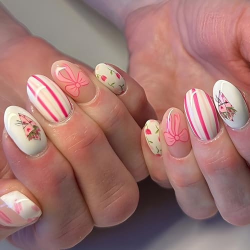Valentines Press on Nails Short Almond Fake Nails Flower Nails Press Ons Pink Bow False Nails Glossy Full Cover Glue on Nail White Pink Acrylic Stick on Nail for Women Decoration Set 24Pcs | Amazon (US)