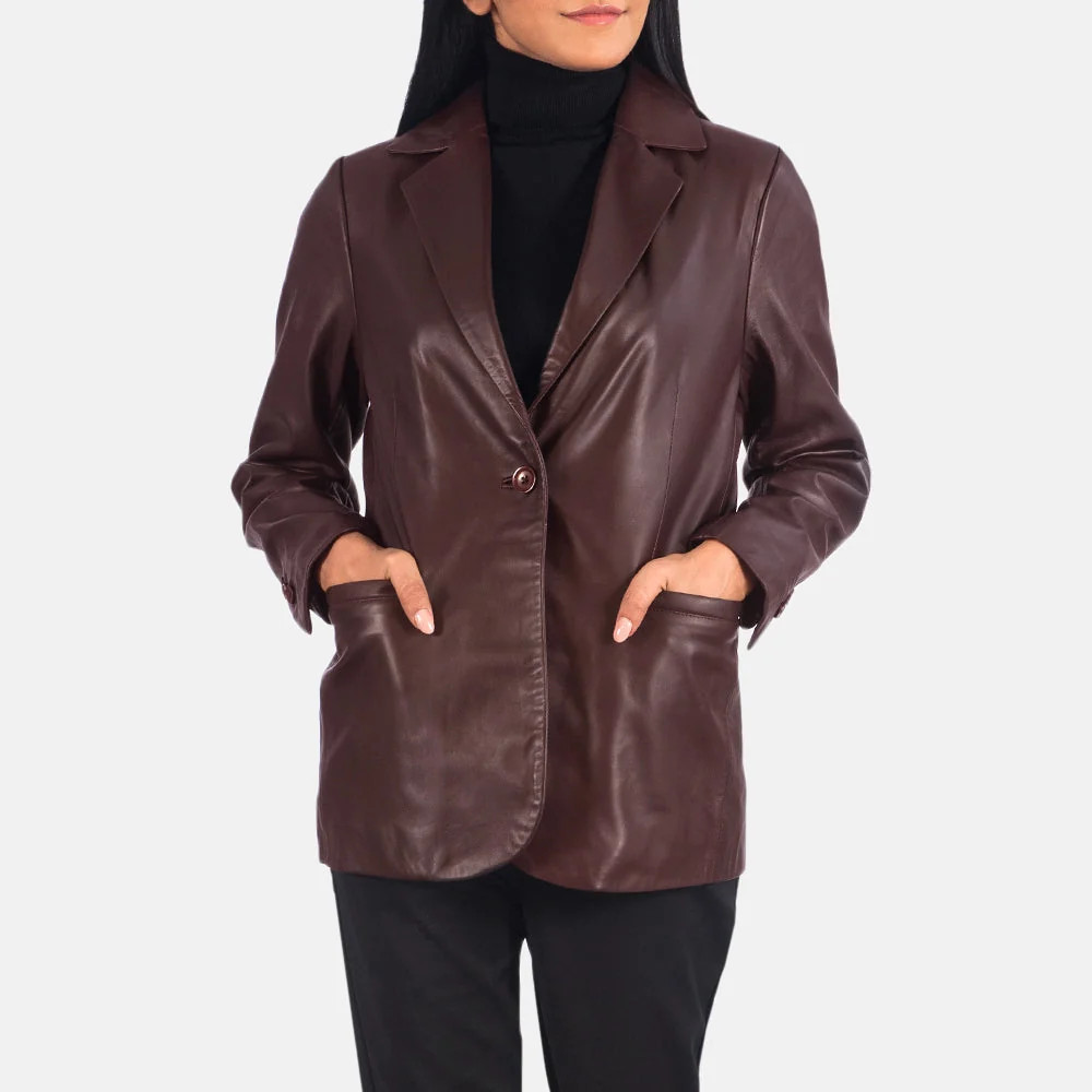 Women's Norma Maroon Leather Blazer | The Jacket Maker