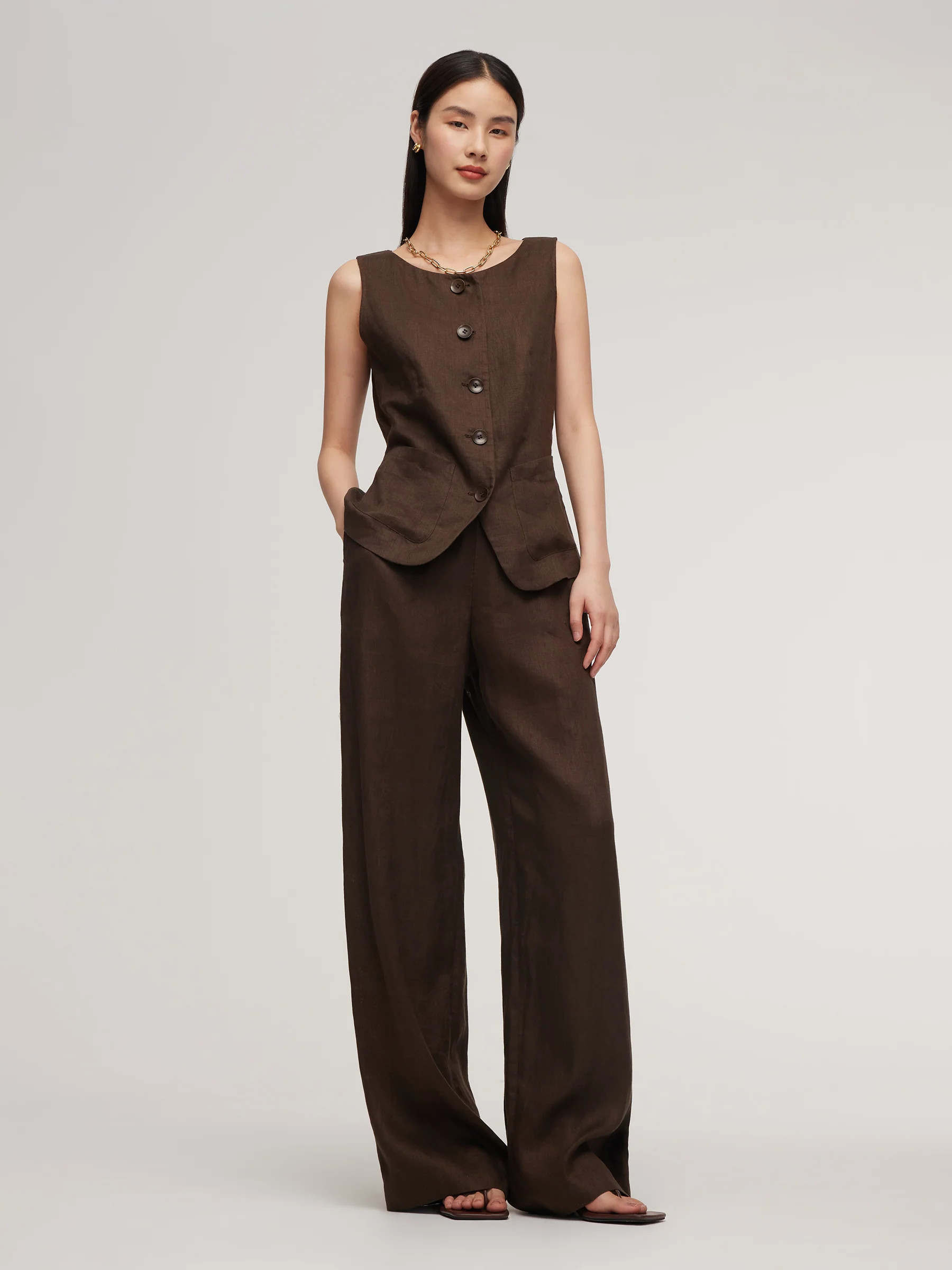 100% Linen Vest And Pants Two-Piece Set - Brown / S | GOELIA
