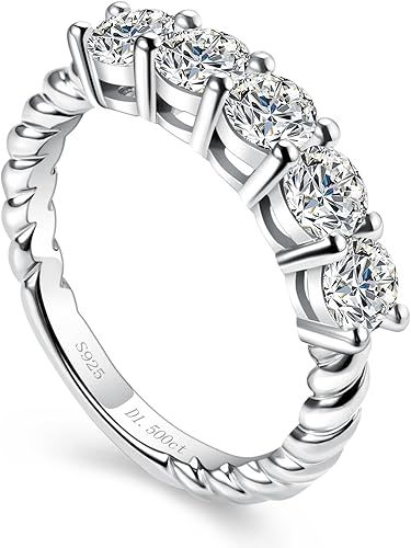 5 Stone Moissanite Wedding Bands For Women, D Color VVS1 Lab Created Diamond 18K White Gold Plate... | Amazon (US)