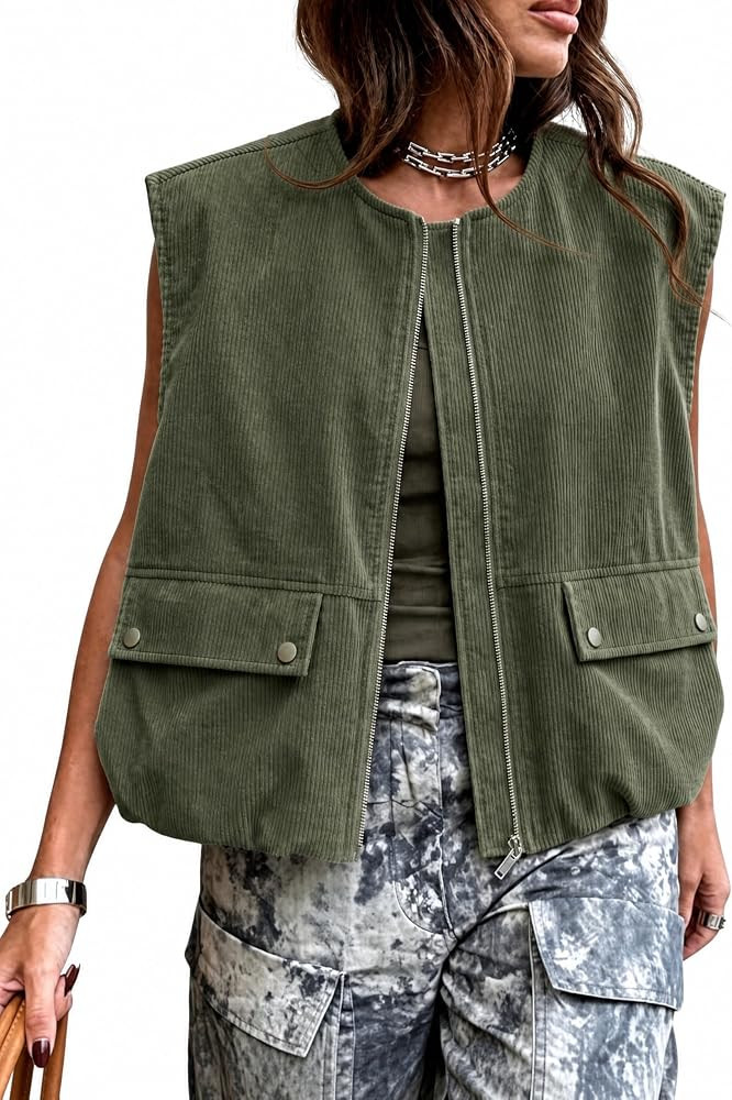 Gozoloma Women's Corduroy Zip Up Vest Cropped Ruched Hem Sleeveless Jacket | Amazon (US)