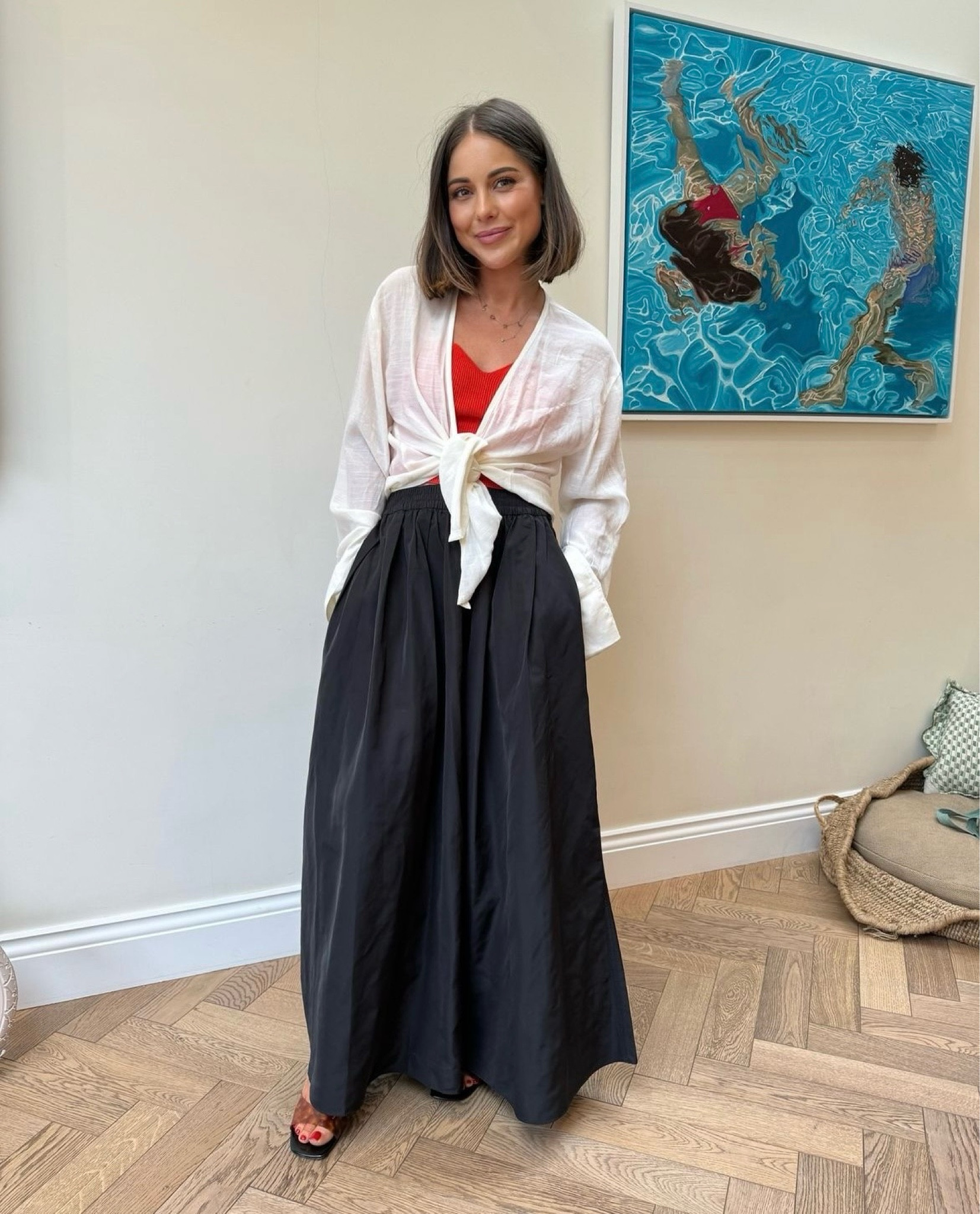 Summer outfit, black maxi skirt, linen skirt, Arket, cos, by far, Monday swim, storets, red top, white overshirt 

#LTKuk #LTKstyletip #LTKsummer