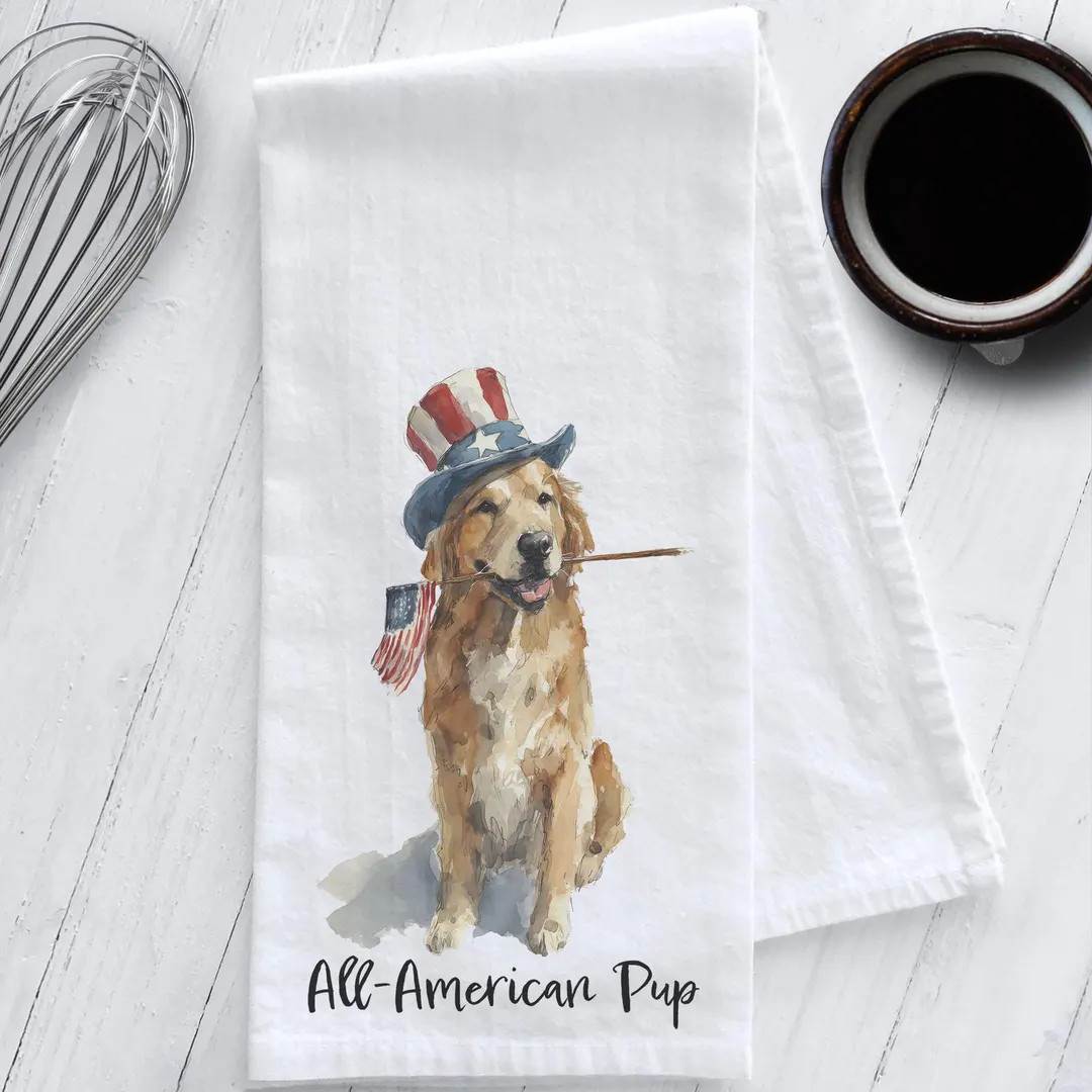 Whimsical Golden Retriever Tea Towel \u2013 "all American Pup" \u2013 4th of July \u2013 Funny Do... | Etsy (Global)