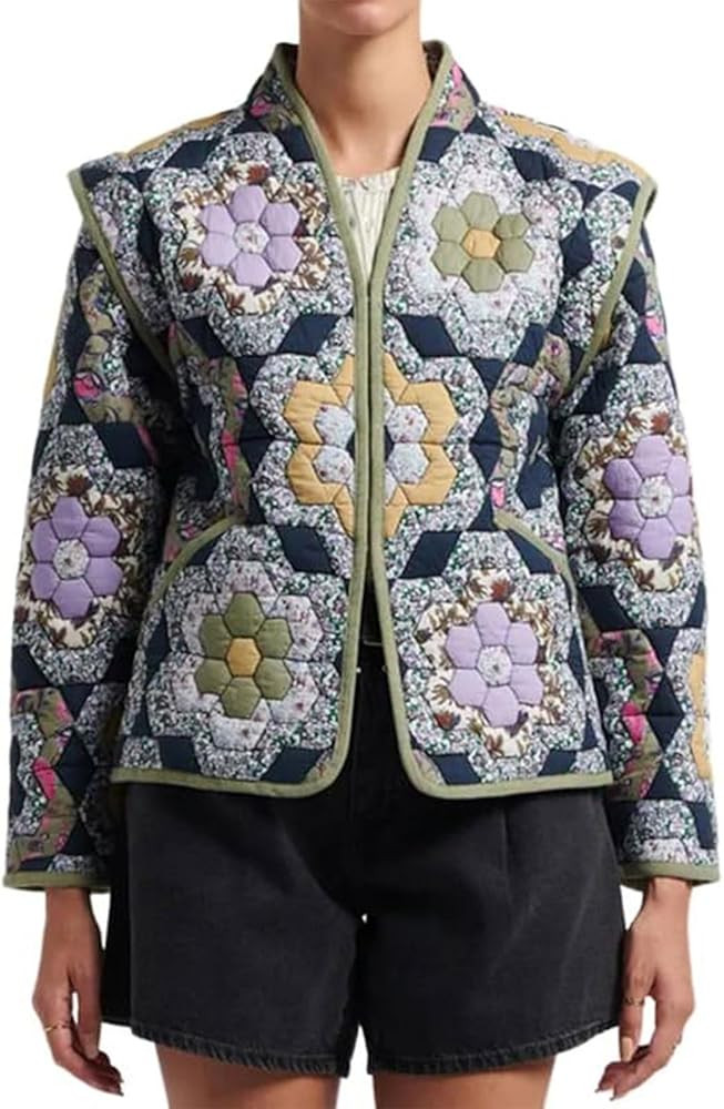 Yimoon Women's Cropped Puffer Quilted Jacket Vintage Floral Print Open Front Lightweight Short Ja... | Amazon (US)