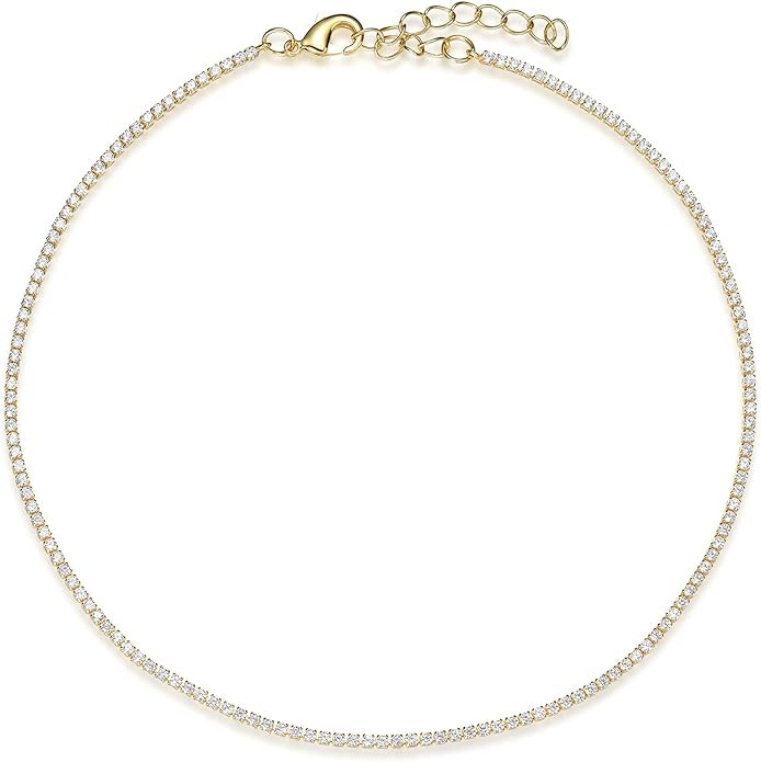 Vescence Cubic Zirconia Choker Adjustable 12-14 Inch | 1.75mm Round Cut Tennis CZ Chain Necklace ... | Amazon (US)