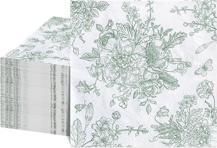 NatNarr 100 Pcs Sage Green Floral Napkins, Green and White Toile Napkin Wedding Vintage Flower Bu... | Amazon (US)