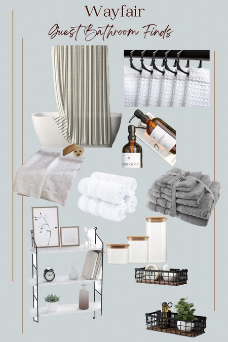 @wayfair bathroom finds to get you guest ready in time for the holiday! Shower curtain, bath towels, hand towels, bath mat, wall shelving, metal baskets, glass containers and soap and lotion dispensers! #wayfair #noplacelikeit #wayfairfinds

#LTKunder50 #LTKSeasonal #LTKhome