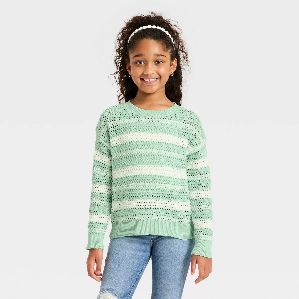 Girls' Openwork Striped Pullover Sweater - Cat & Jack™ Mint Green/White L | Target