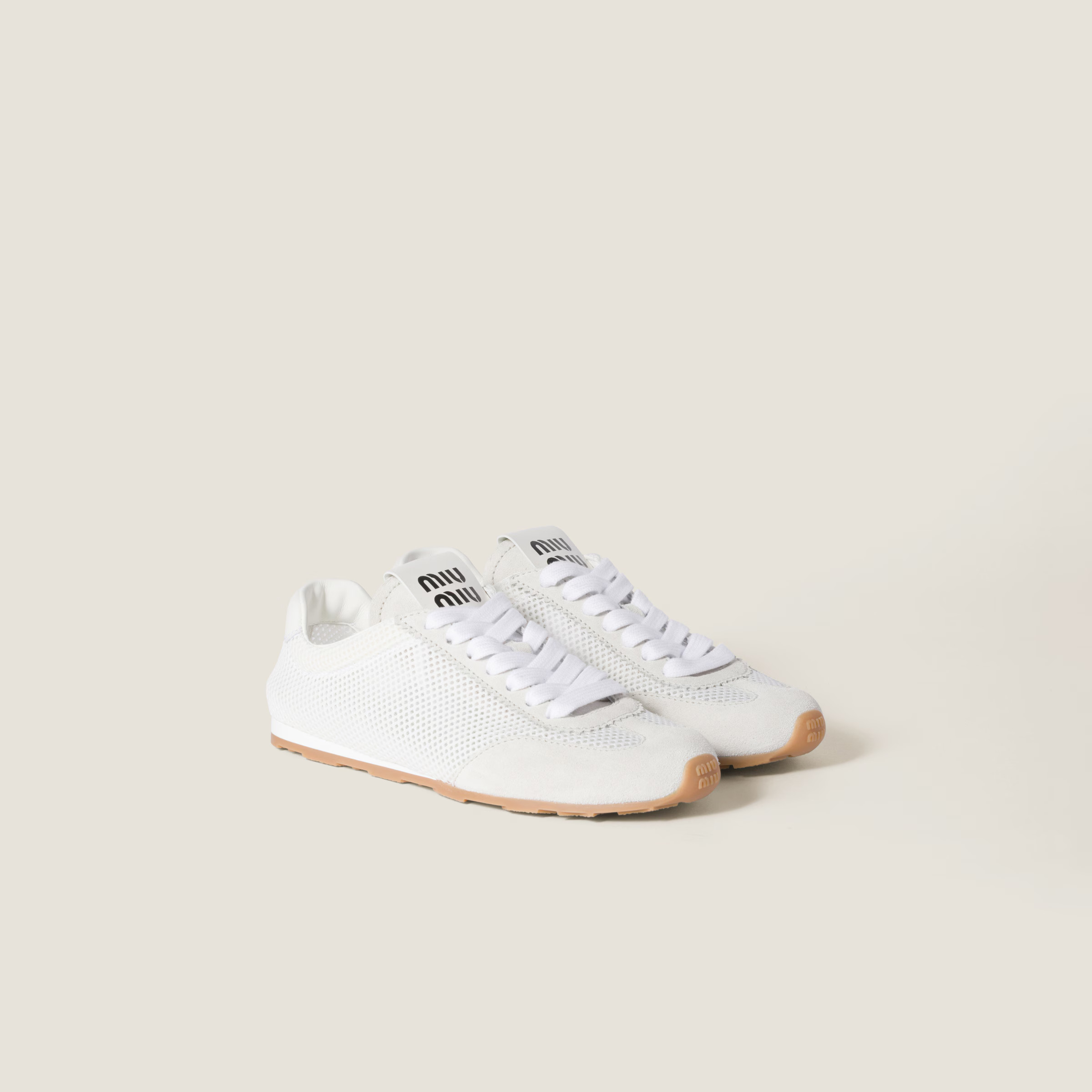 White Plume Mesh And Suede Sneakers | Miu Miu | Miu Miu US