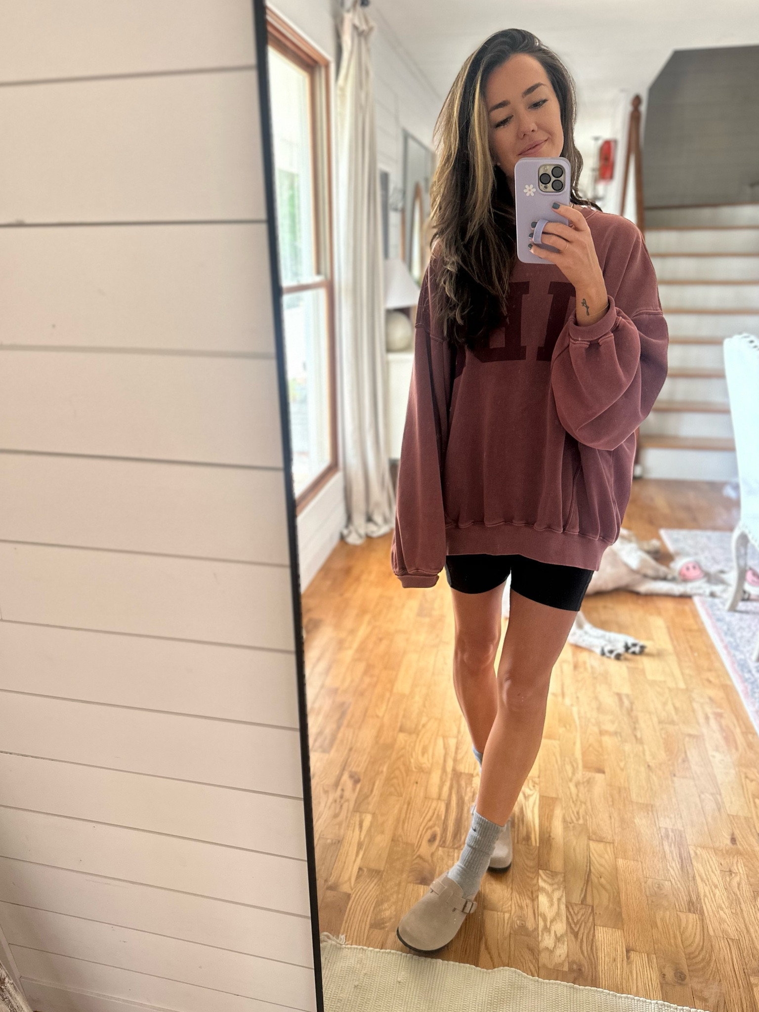 Homebody ootd 🍂 oversized sweatshirt, biker shorts, Birkenstock lookalike clogs. Fall outfit 

#LTKfindsunder50 #LTKshoecrush #LTKSale