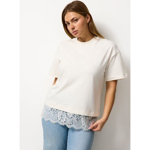 Cream Oversized Lace Hem Short Sleeve Top M | Tu Clothing