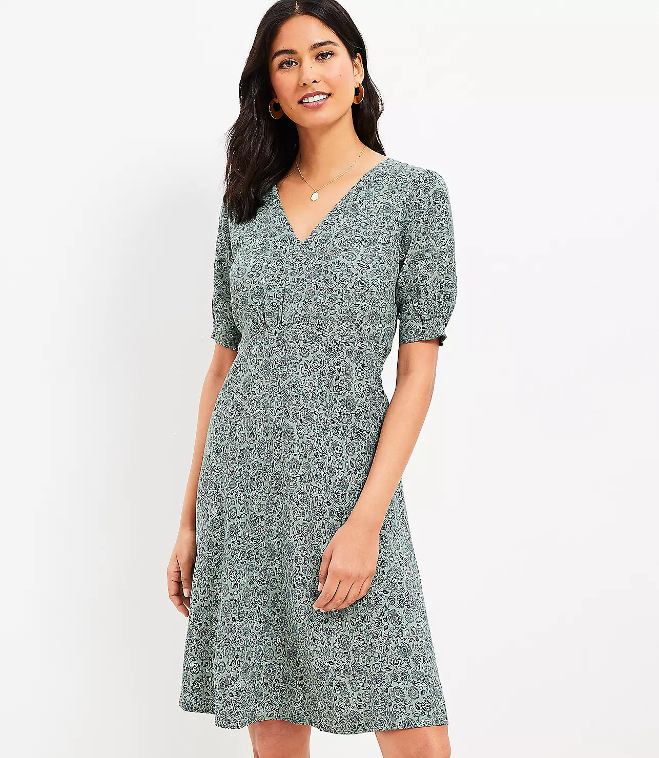 Floral Puff Sleeve V-Neck Dress | LOFT
