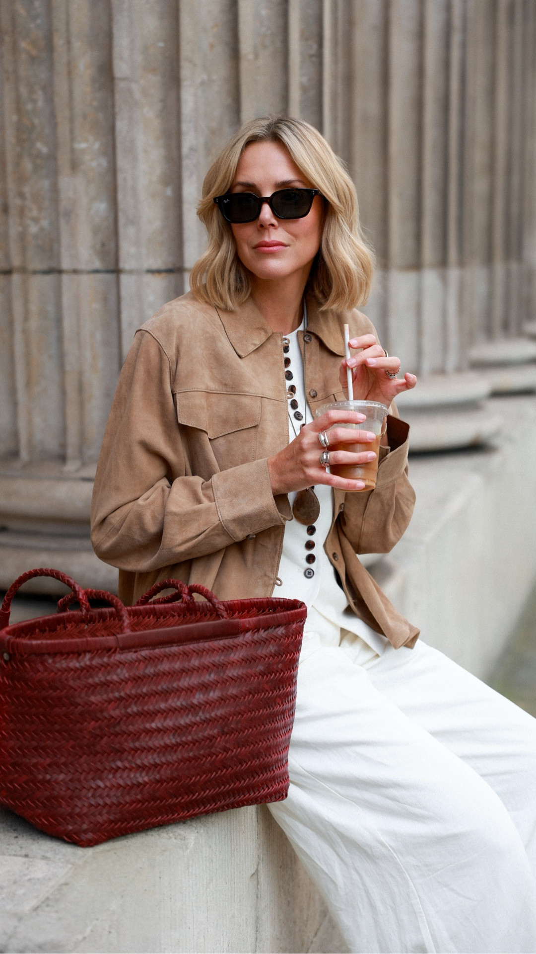 Suede shirt, spring outfit, linen waistcoat, linen trousers, woven leather basket bag, red flip flops, pendant necklace. Mint Velvet A d

#LTKspring #LTKuk #LTKeurope