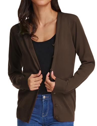 GRACE KARIN Women's Classic Brown Cardigan Sweater Long Sleeve V-Neck Knit Cardigan Sweater (Coffee,XL) | Amazon (US)