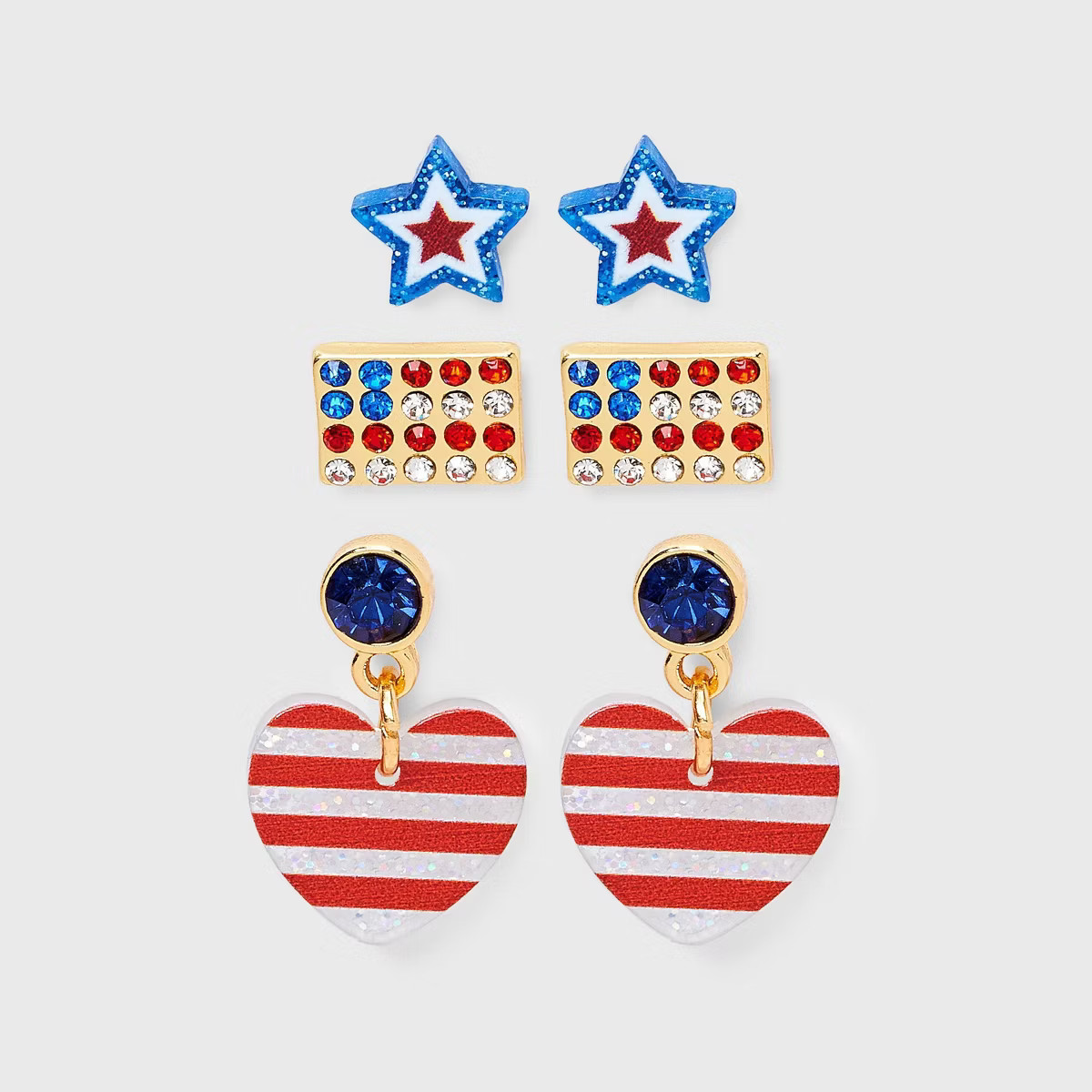 Americana Star Flag and Heart Stud and Hoop Earring Set 3pc - Red/White/Blue | Target