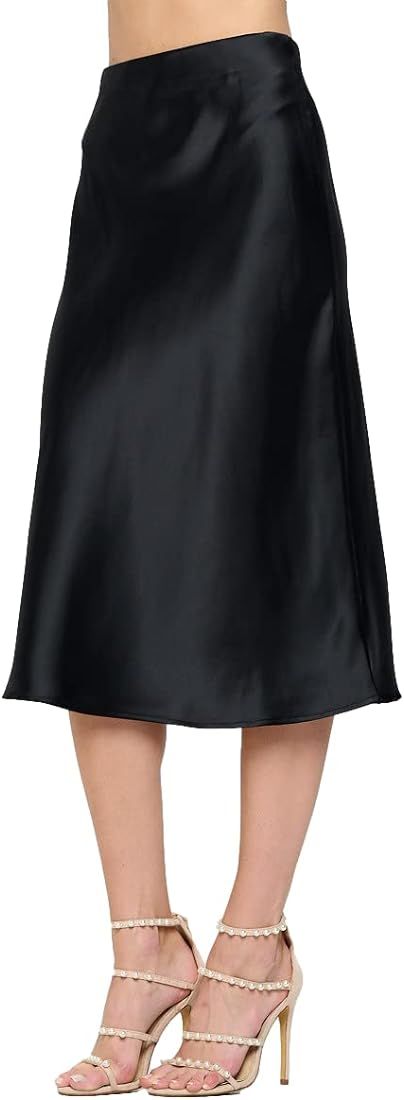 Women Solid High Waist Silky Casual Elastic Satin Midi Skirt - Made in USA (Available in Plus Size) | Amazon (US)