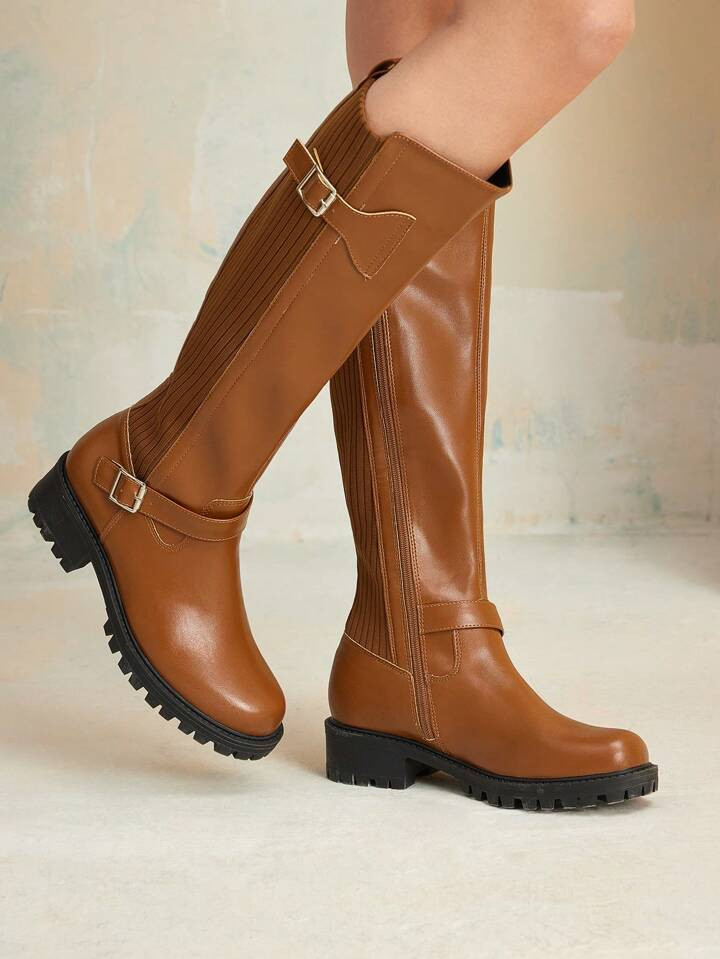MOTF PREMIUM BOTAS ALTAS DE SUELA GRUESA CON ESTAMPADO DE RAYAS DE EMPALME MARRÓN, CÓMODAS Y VE... | SHEIN