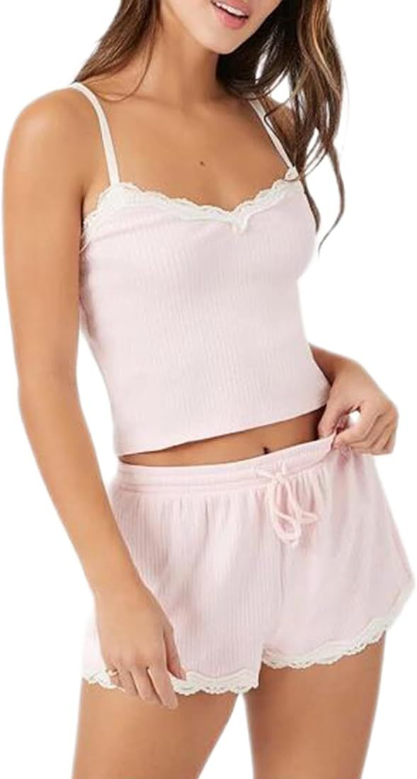 XBTCLXEBCO Women Sexy 2 Piece Pajama Set Sleeveless Lace Trim Crop Cami Top and Shorts Pj Set Y2K... | Amazon (US)