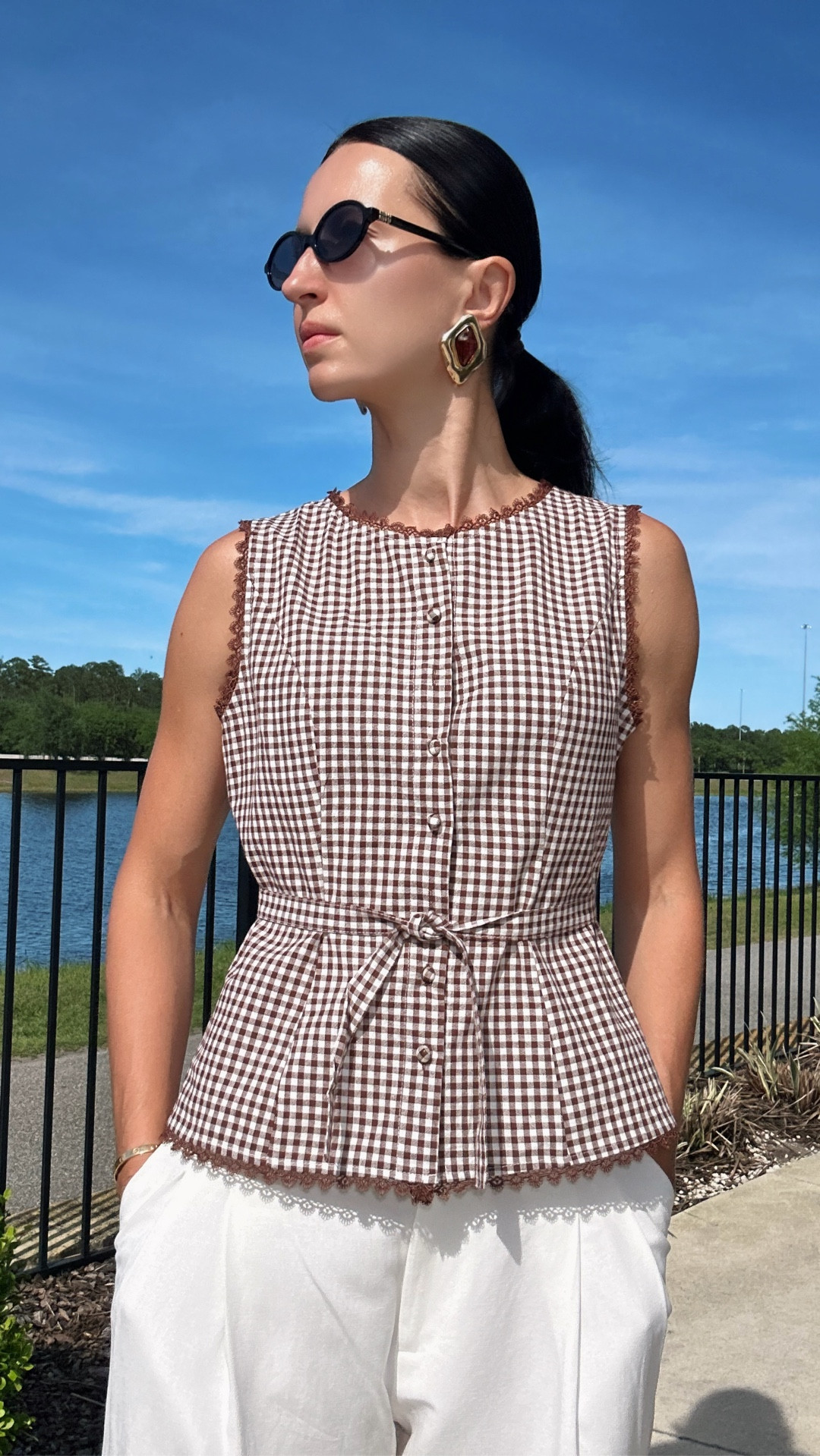 Couldn’t choose between the gingham peplum or the navy tie-front so I just… kept both. This is called being decisive. Milan would approve. 
#springoutfit #summeroutfit #casualstyle #elegantstyle #momoutfit

#LTKootd #LTKmomlife #LTKMothersDay