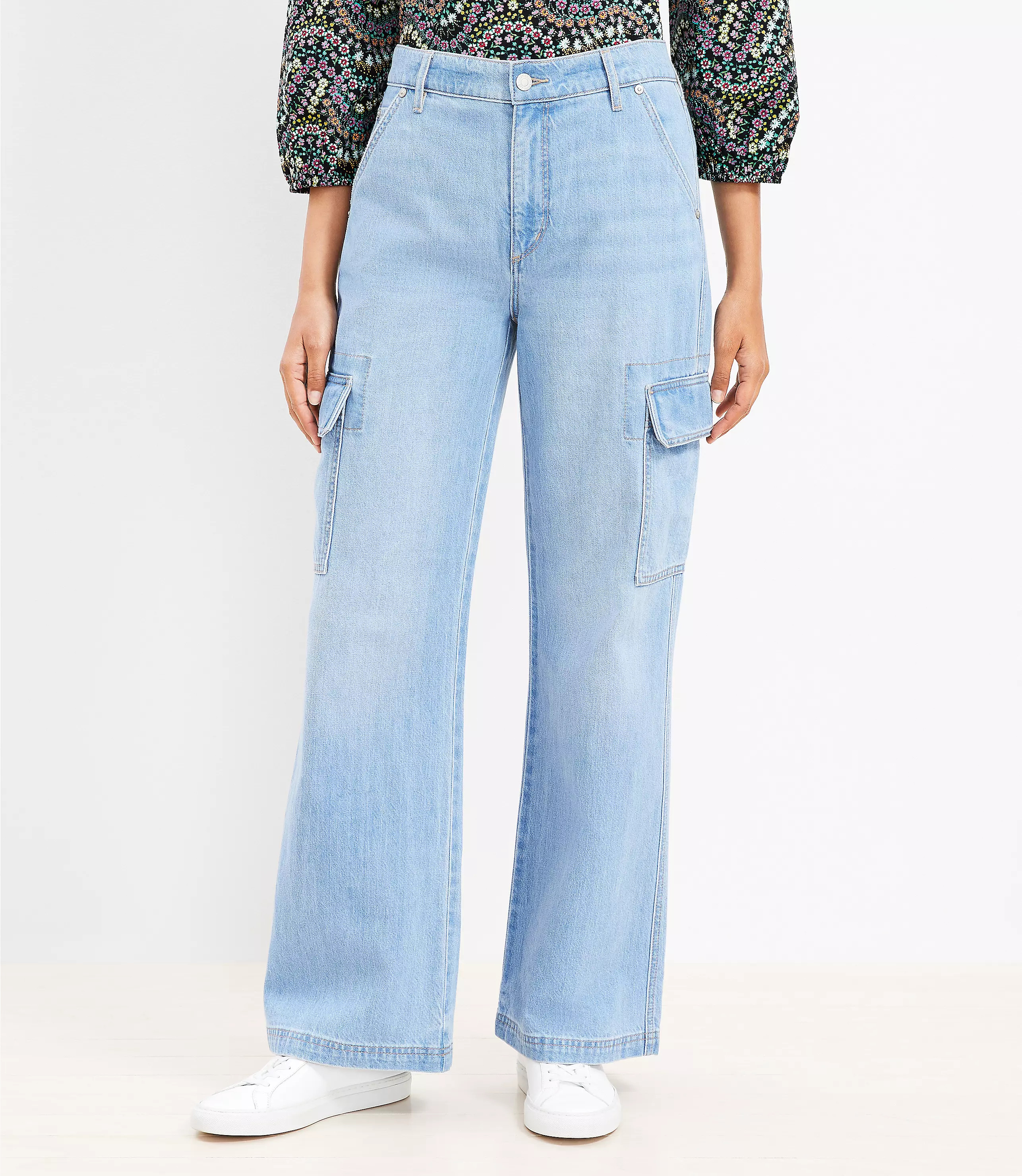 High Rise Wide Leg Utility Jeans in Light Wash | LOFT