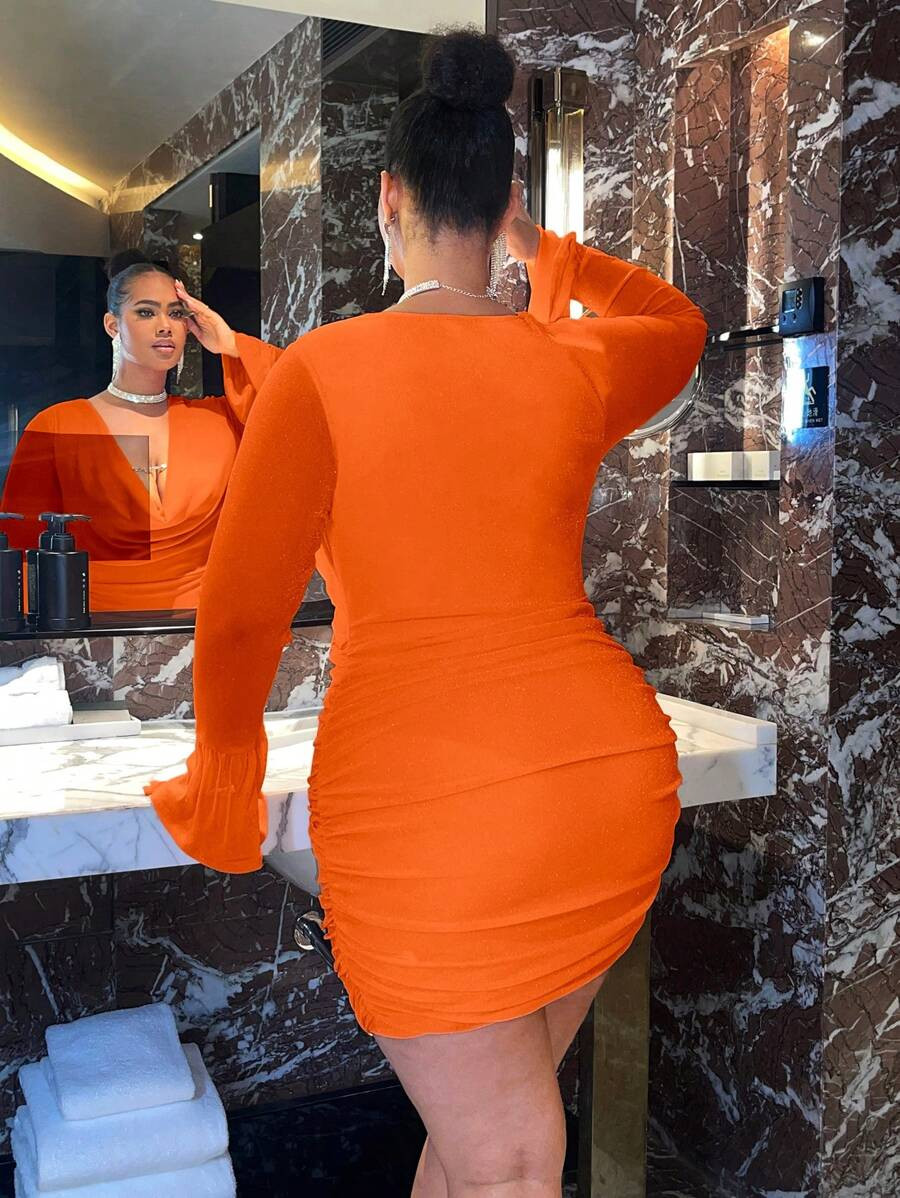 SHEIN SXY Plus Draped Collar Flounce Sleeve Ruched Mesh Bodycon Dress | SHEIN