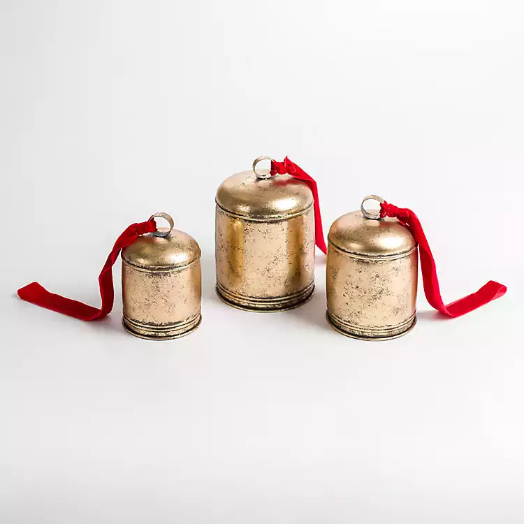 Gold Bells with Red Velvet Ribbons, Set of 3 | Kirkland's Home